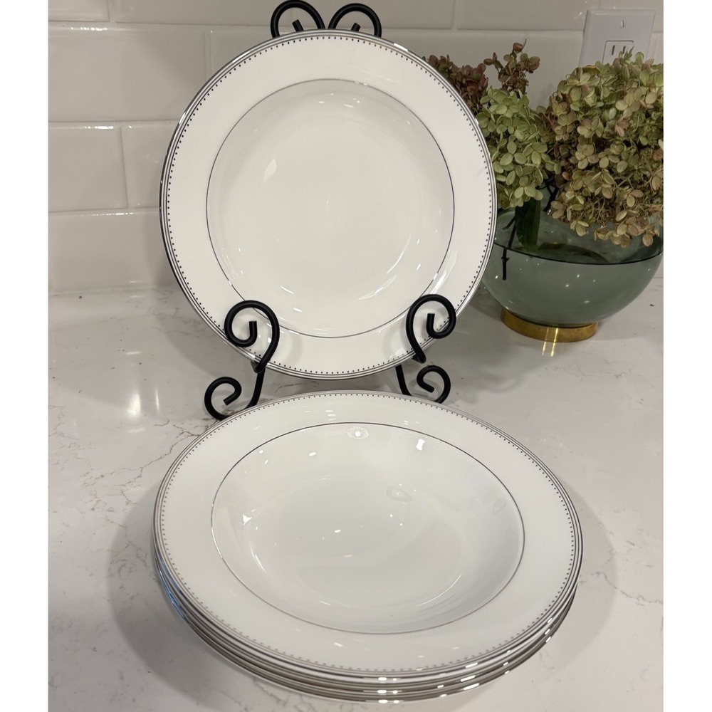 EUC 4 Wedgwood Vera Wang Grosgrain Rimmed Soup Plate Salad Bowl 9" Platinum Trim